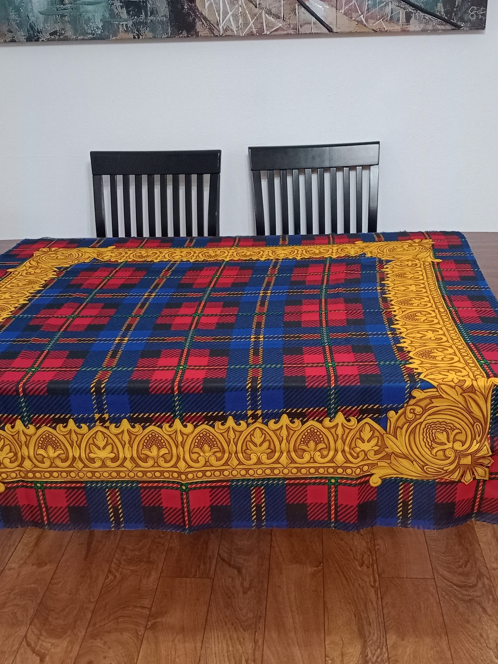 Plaid Tartan Wrap with Gold Baroque Border - Red, Blue & Yellow